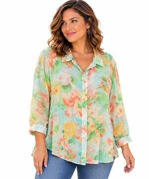 J. Jill Sheer Button Top Womens Size 4X Pastel Floral Watercolor Lightweight